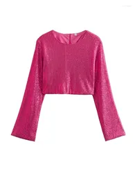 Женские блузки ZXQJ Women 2022 Модные блестящие блестящие укороченные винтажные с длинным рукавом задняя молча