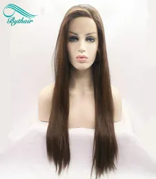 Bythair Long Silky Straight Wigs Brown Synthetic Lace Front Wigh Heattance Fiber Hair Side Side Part 1434910