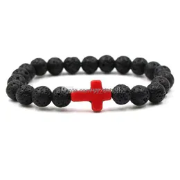 Braccialetti con ciondoli 8Mm Perline di lava naturale Bracciale con croce in pietra Bracciale con diffusore di oli essenziali con perline Bracciale rigido con roccia elastica Unisex Dhszn