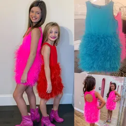 Feather Girl Pageant Dress 2023 Little Kids Birthday Formal Party Gown Infant Toddler Tiny Young Junior Miss Keyhole Runway Fun-Fashion Intervista Fucsia Rosso Blu