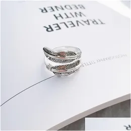 Band Rings Fashion Jewelry S925 Sterling Sliver Ring Cat Vintage Feather Open Finger Drop Delivery DHW6X