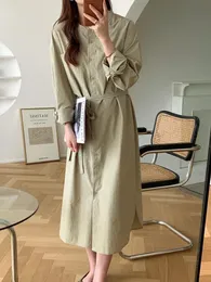 Lässige Kleider Autumn Office Dame Hemd Kleid Frauen O-Neck Long Sleee lose Schnüre-up Taille Vintage Korean Chic Vestidos