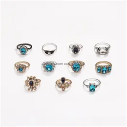 Band Rings Fashion Jewelry Blue Black Rhinstones Double Color Ring Set Knuckle Rings 11Pcs/Set Drop Delivery Dhewh