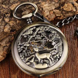 Pocket Watches Bronze Deer Flowers Case Mechanical Watch Men Retro Big Dial Hand Wind Skeleton Steampunk Reloj de Bolsillo Cadena
