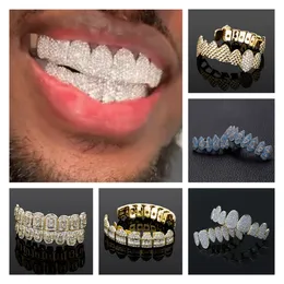 Iced Out Kubikzircon Dental Grills Körperschmuck 18K echtes Gold Punk Hip Hop Jesus Mund Fang Grillz Klammer voller Diamant Vampirzahn Kappe Cosplay Party Rapper Geschenke 7384