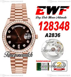 EWF 36 Daydate 128348 A2836 AUTOMÁTICO DE MENS ALIMÁTICOS DIAMEIROS ROSOS DIAMENTOS BEZEL BROWN DIAMENTO PULHE OYSTERSTEEL PULHEREL