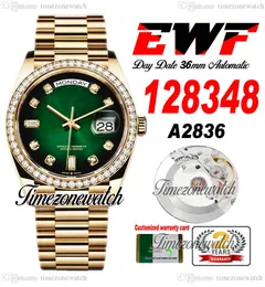 EWF 36 Daydate 128348 A2836 Automático Relógio de diamantes de ouro amarelo Boleleca verde diamante Oystersteel Bracelet Mesma Cartão de Serial Super Edição Timewatch A1