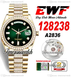 EWFデイデート36MM 128235 A2836自動メンズウォッチイエローゴールドグリーンダイヤモンドダイヤモンドオイスタースチールブレスレット同じシリアルカードスーパーエディションタイムゾーンウォッチM13