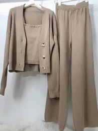 Pantaloni a due pezzi da donna 2022 Autunno Moda europea Maglione lavorato a maglia con scollo a V da donna Cardigan e gilet Abito lungo a vita alta 3 pezzi Set S M