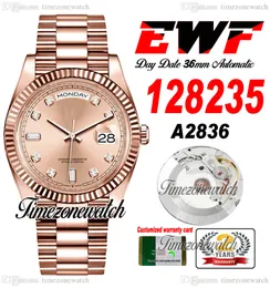 EWF DayDate 36mm 128235 A2836 Automatic Mens Watch Rose Gold Dark Champagne Diamonds Dial OysterSteel Bracelet Same Serial Card Super Edition Timezonewatch D4