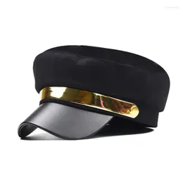 Berets Fashion PU Leather Military Hat Autumn Sailor Octagonal Hats For Women Flat Top Caps Female Travel Cadet Navy Captain Cap