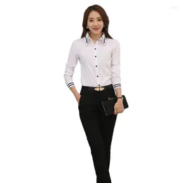 Kvinnors blusar Kvinnors skjortor Fashion White Blue Solid Long Sleeve Turn-Down Collar Formal Elegant Women Shirt Ladies Tops School