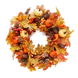 Höstdörrkrans Jul Halloween Decoration Pumpkin Berry Pine Cone Maple Artificial Wreath Cloth Rattan Material Hem G230518