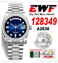 EWF DayDate 36mm 128349 A2836 Automatic Mens Watch Diamonds Case Blue Diamonds Dial Diamond OysterSteel Bracelet Same Serial Card Super Edition Timezonewatch D4