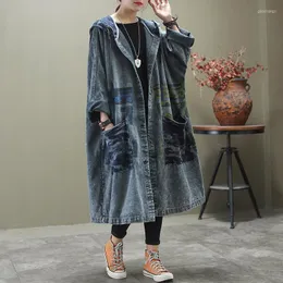 Women's Trench Coats Women's SONDR Long Denim Windbreaker Printing Casual Large Size Sleeve Hooded Coat Fashion 2022 Spring Autumn