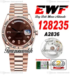 EWFデイデート36mm 128235 A2836自動メンズウォッチローズゴールドダークブラウンダイヤモンドマーカーオイスタースチールブレスレット同じシリアルカードスーパーエディションタイムゾーンウォッチH8