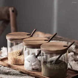 Bottiglie di stoccaggio Scatola di condimento cilindrica Coperchio in legno Utensili da cucina Barattolo di sale di vetro Zucchero Latte in polvere Spezie Custodia Pentola per condimenti per la casa