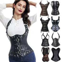 Bustiers korsetter Sexig l￤der Bustier Steampunk Corset Steel Boned Corselet Overbust Lace Up Women Vest midje Cincher Black Plus Size 6xl