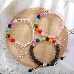 Strand Colorful Chakra Lava Volcanic Stone Powder Crystal Woven Bracelet Round Beads Friendship