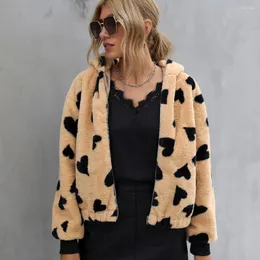 Women's Fur Donsignet Women Jackets Personality Contrast Love Print Faux Short Coat Female Fashion Autumn Winter Woolen