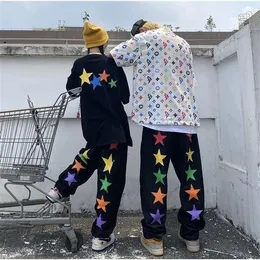 Herrbyxor herr hio hop streetwear män baggy jeans svart stjärna alfabet graffiti lösa casual bred ben tidvatten denim byxor