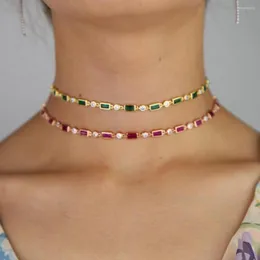 Łańcuchy Krótki naszyjnik Choker Zielony czerwony sześcien cyrkonia CZ Stacja Łańcuch Link 32 8 cm Złota Fashion Cllar Chokers