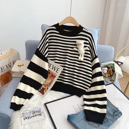 Women's Sweaters Women's EBAIHUI Cropped Striped Sweater O-neck Pullover Contrast Color Knitted Jumpers Women Fashion Cute Bear