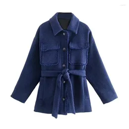 Women's Jackets Women's Autumn Winter Blue Single Breasted Ladies Casual Shrit Coats With Sashes Pockes Outwear For Female