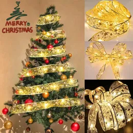 Christmas Decorations Christmas Ribbon Fairy Light LED Christmas Tree Ornaments Glowing DIY Bows String Lights For New Year Birthday Party Home Decor T220929