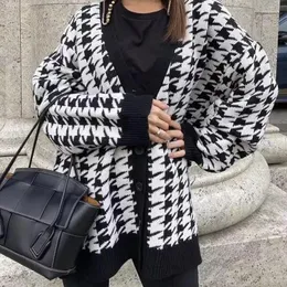 Kvinnors tröjor Kvinnors 2022 tröja Löst V-Neck Houndstooth Långärmning Stickad Cardigan Jacka Kontrast Färg Regelbunden ploverfodral