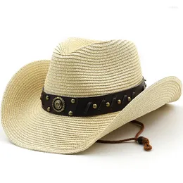 Berretti Cappello da cowboy semplice Cappello da sole a tesa larga da uomo Fedora Cintura Decorare Paglia da spiaggia per uomo Protezione UV Cap Chapeau Femme