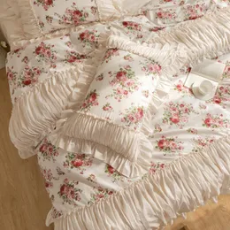 Set di biancheria da letto top romantico set di cotone con stampa rosa in lino principessa copripiumino copripiumino in pizzo foglio camera da letto