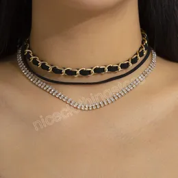 Collier ras du cou court en flanelle noire pour femmes, élégant, avec croix épaisse, tendance, couches de strass, bijoux à la mode