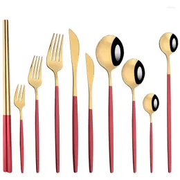 Flatvaruuppsättningar Zoseil Western Table Seary Dessert Knife Fork Spoon Te Red Gold Dinner Eware Set Cutrow Kitchen Rostfritt Steel Home