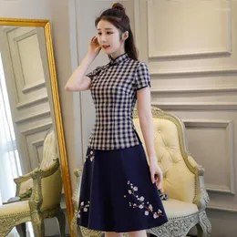 Ethnic Clothing Sheng Coco Cotton Lattice Cheongsam Suit Female Chinese Style Blue Grid Short Skirt Novelty Daily Dresses Suzhou