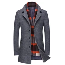 Men's Wool Blends Men Winter Wool Coat Slim Fit Thick Wool Blends Men Long Trench Coat Fashion Grey Woolen Jacket Scarf Collar Warm Overcoat 220930