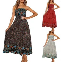 Röcke Elegante Sommerkleider Frauen 2022 Casual Blumendruck Boho Trägerloses Ärmelloses Rüschen Strandkleid Damen Maxi Für