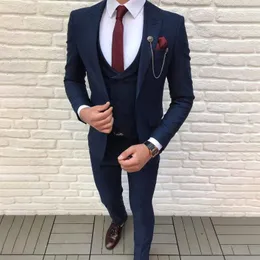 Klassisk marinbl￥ herr kostymer 3 -stycksjacka v￤stbyxor St￤ll in dubbelbr￶st smoking f￶r brudgummen br￶llopsfest blazer terno masculino