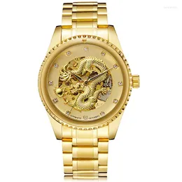 Orologi da polso Orologio da uomo di lusso in oro rosa Dragon Orologio da polso scheletro automatico MECCANICO Cinturino in vera pelle da uomo in acciaio dorato inciso