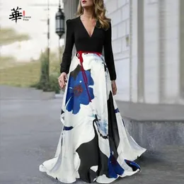 Kleider Herbst Casual Lose Kleid gegen Hals Maxi Elegantes Kleid lang bedruckte Kleider für Frauen Langarm Vestidos Mujer