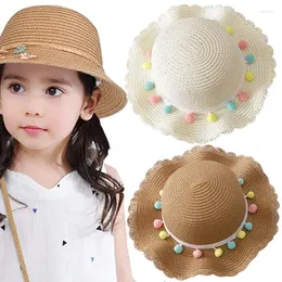 Kapelusze dzieci dziewczyny duże szerokie grzbiet słomy tkany ochrona przed słońcem kapelusz kolorowy pompom piłka letnia miękki wiadra dzieci