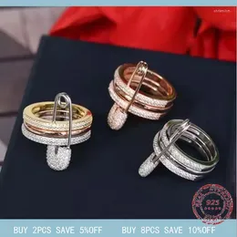 Cluster Rings S925 Sterling Silver Ring Three-layer Pin Personality Paper Clip Women's Fashion Temperament Luxury Jewelry