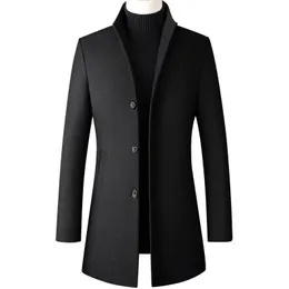 Herren-Wollmischungen PARKLEES Winter-Woll-Trenchcoat für Männer, warm, winddicht, Business-Büro-Jacken, aus Wolle, solide, schlank, Vintage, langer schwarzer Mantel 220930