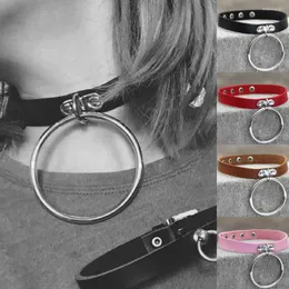 Choker Personality Over Size Round Metal Silver Color PU Leather Collar Bondage Goth Women Gothic Statement Necklace Jewelry