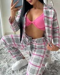 Pontas de duas peças femininas Mulheres 2pcs roupas terno de botão único de manga longa impressão xadrez blazer casaco de detalhes amarrado