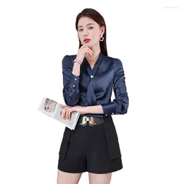 Blouses feminina Chiffon Bow Shirt Women Women Slave Design Streamer Spring 2022 Moda Temperamento Cetim Office Ladies Work Tops