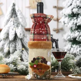 Juldekorationer Santa Claus älg Doll Bottle Decoration Champagne Bottles Wine Linen Cover Plaid Bag Topper