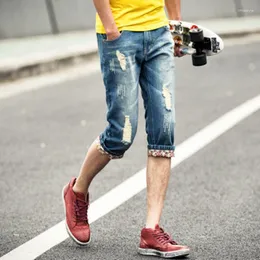 Erkek kot yırtılmış denim şort erkek yaz 2022 moda ince retro kırpılmış pantolon gevşek düz gelgit markası yakışıklı dilenci