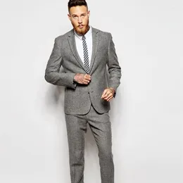 Męskie garnitury najnowsze projekty płaszcza grey tweed niestandardowy groom smoking Slim Fit Blazer Men Formal 2 sztuki Masculino Mascyning Pants