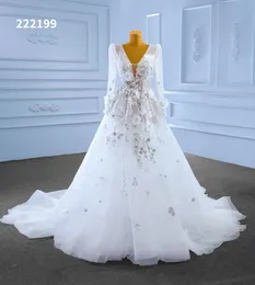 Sweetheart Wedding Dress Luxury Crystal Pärled Applique 3D broderi Deep v Long Sleeve 222199